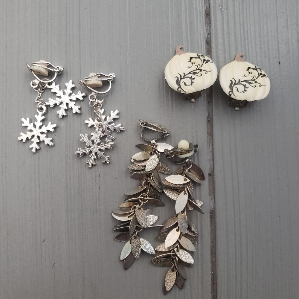 Bundle Lot of 3 Clip On Earrings Snowflake Pumpkin Dangle